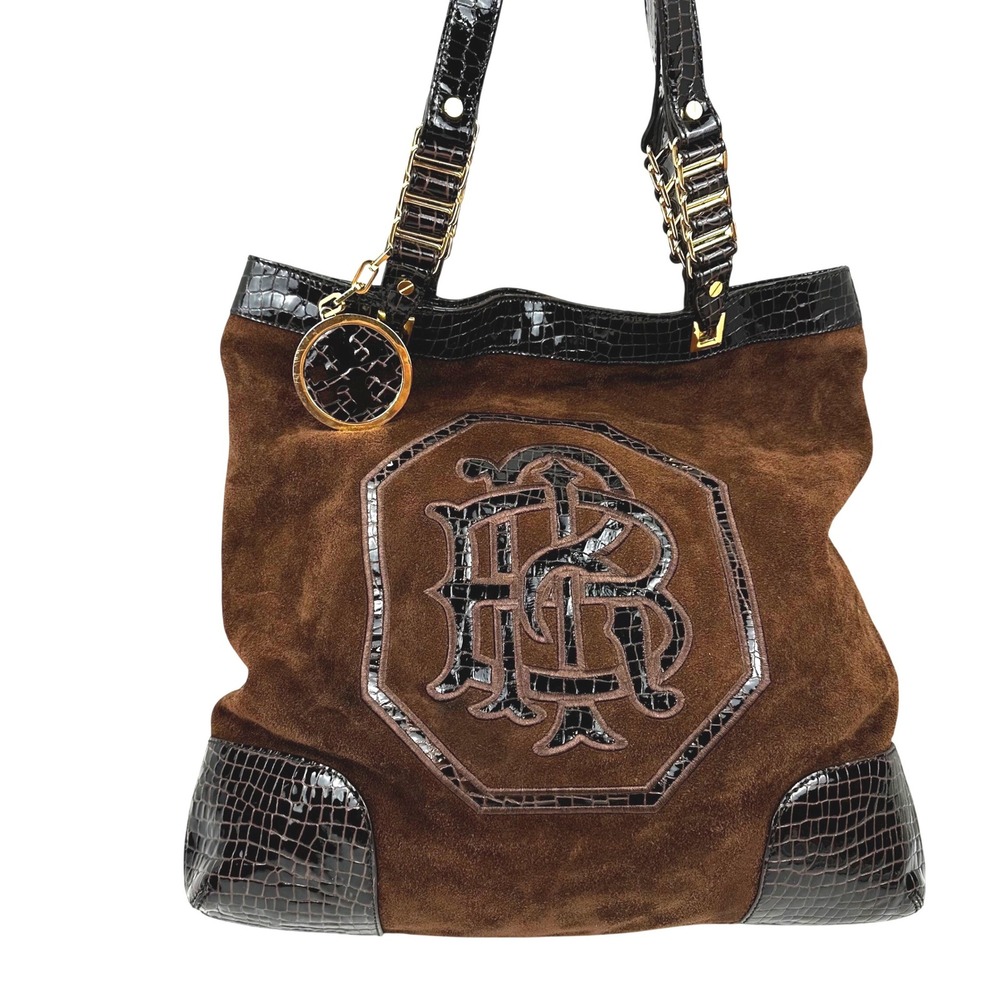 Tory Burch Espresso Suede Croc Embossed Satchel Shoulder Tote Bag Large Preowned